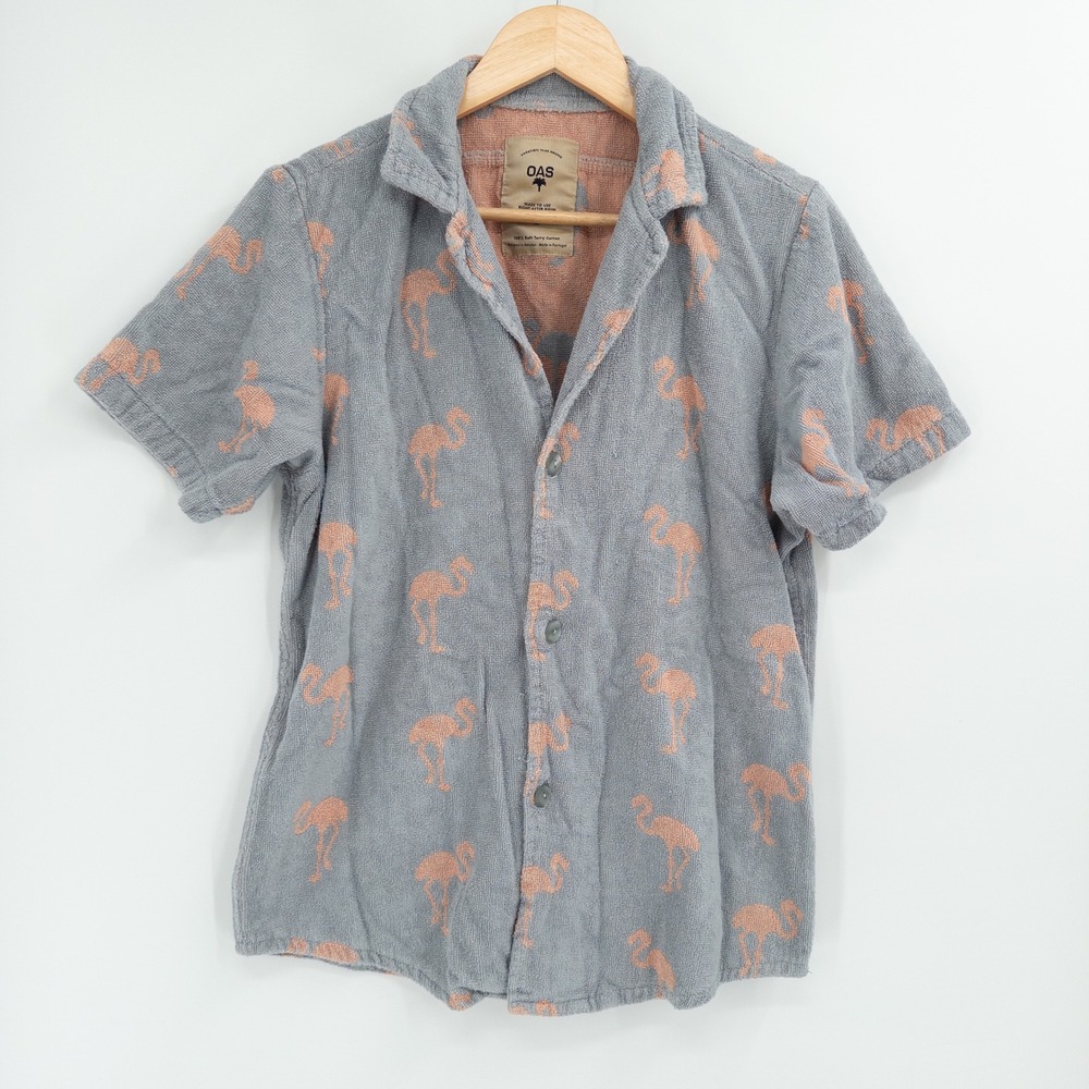 OAS Terry Cotton Button Down Men Medium Grey Pink Flamingo Beach Resortwear 856